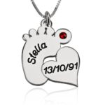 שרשרת טביעת כף רגל עם לב, חריטה ואבן לידה