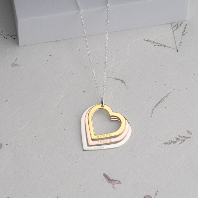 Three Toned Engraved Hearts Mother Necklace