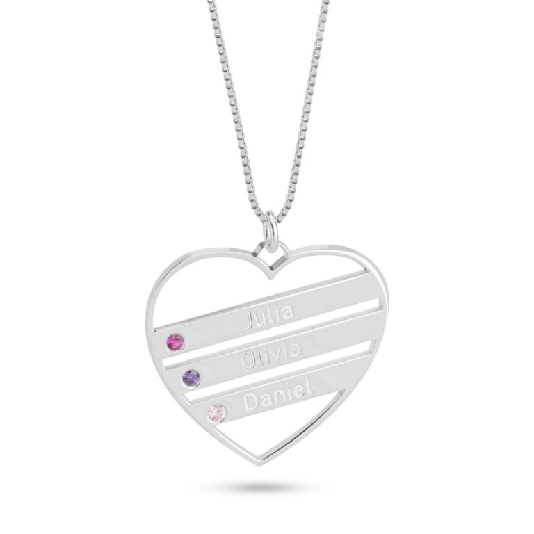 שרשרת לב לאמא עם שמות הילדים ואבני לידה בהתאמה אישית