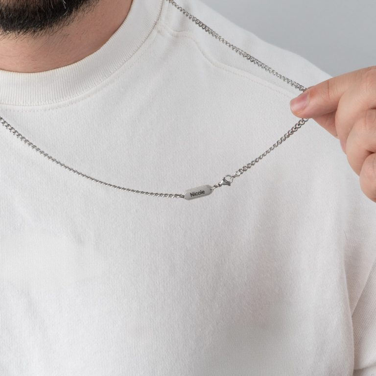 Men’s Curb Chain Necklace with Engraved Tag