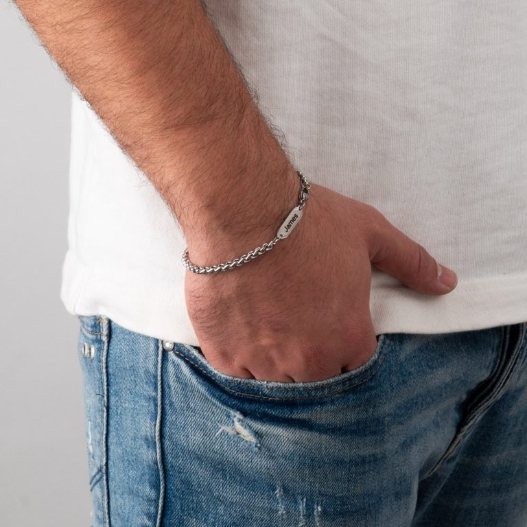 Men’s Wheat Chain Bracelet with Engraved Tag