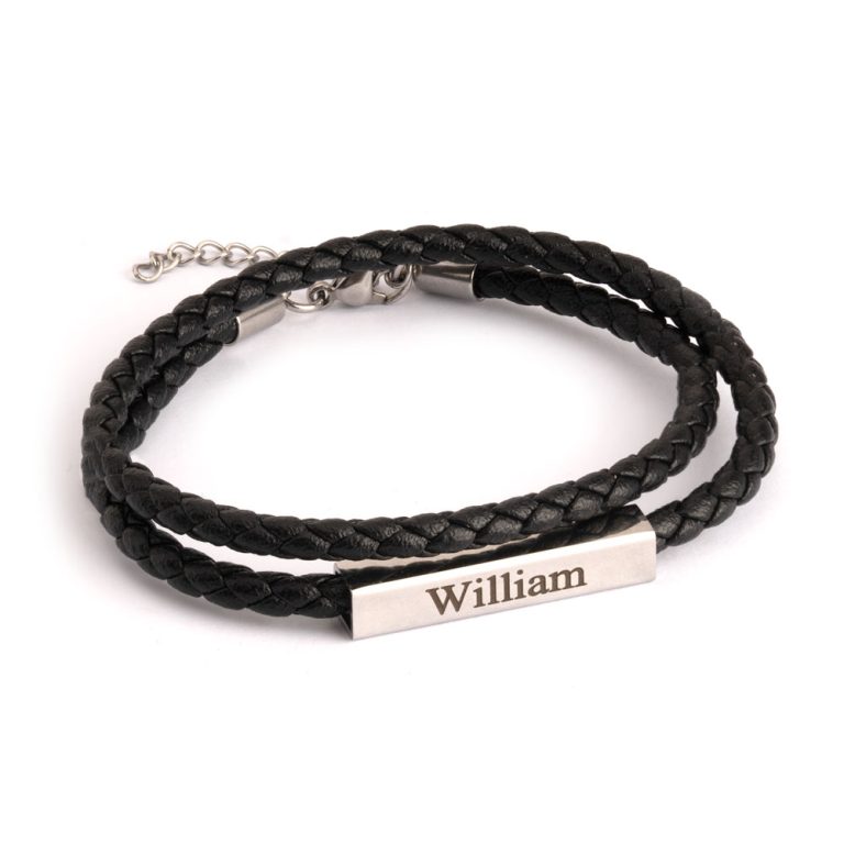 Men’s Double Leather Bracelet with 4D Engraved Bar