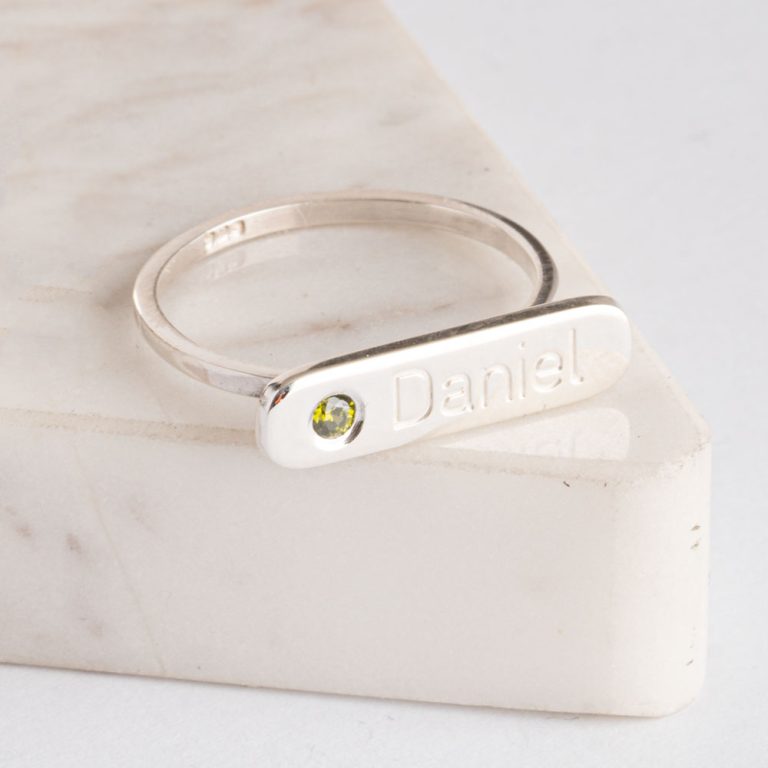 Engraved Bar Ring with Birthstone