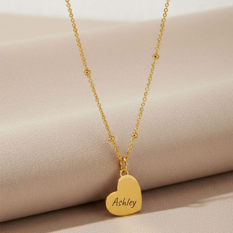 Engraved Beaded Heart Chain Necklace