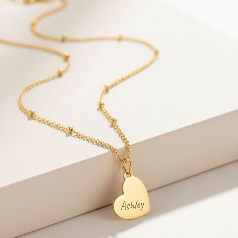 Engraved Beaded Heart Chain Necklace
