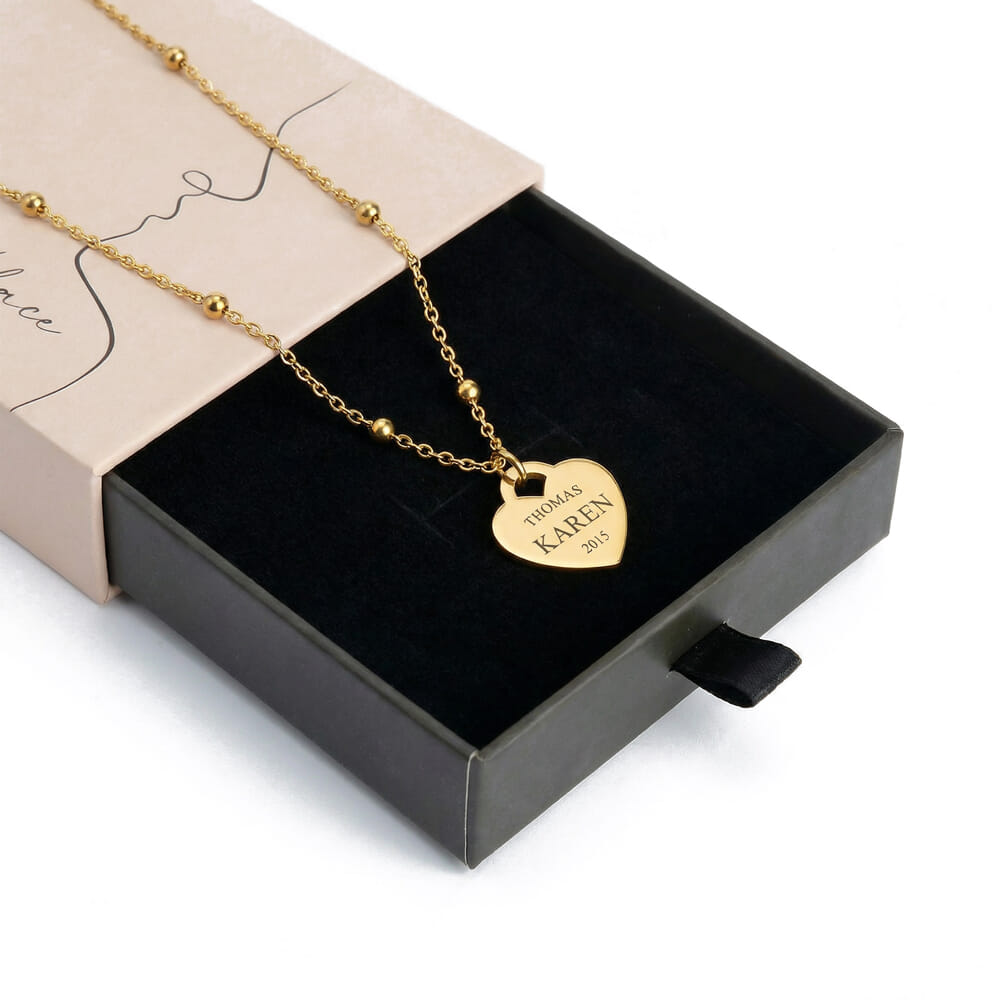 שרשרת תליון לב עם חריטה בהתאמה אישית - שרשרת חרוזים שרשרת תליון לב עם חריטה בהתאמה אישית - שרשרת חרוזים