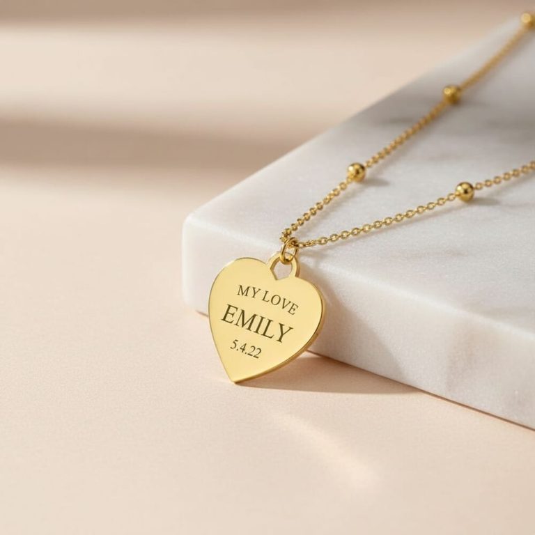 Engraved Heart Necklace with Beaded Chain