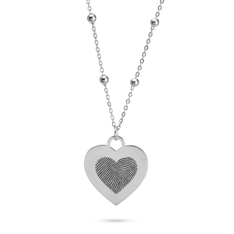 Engraved Fingerprint Heart Necklace with Beaded Chain