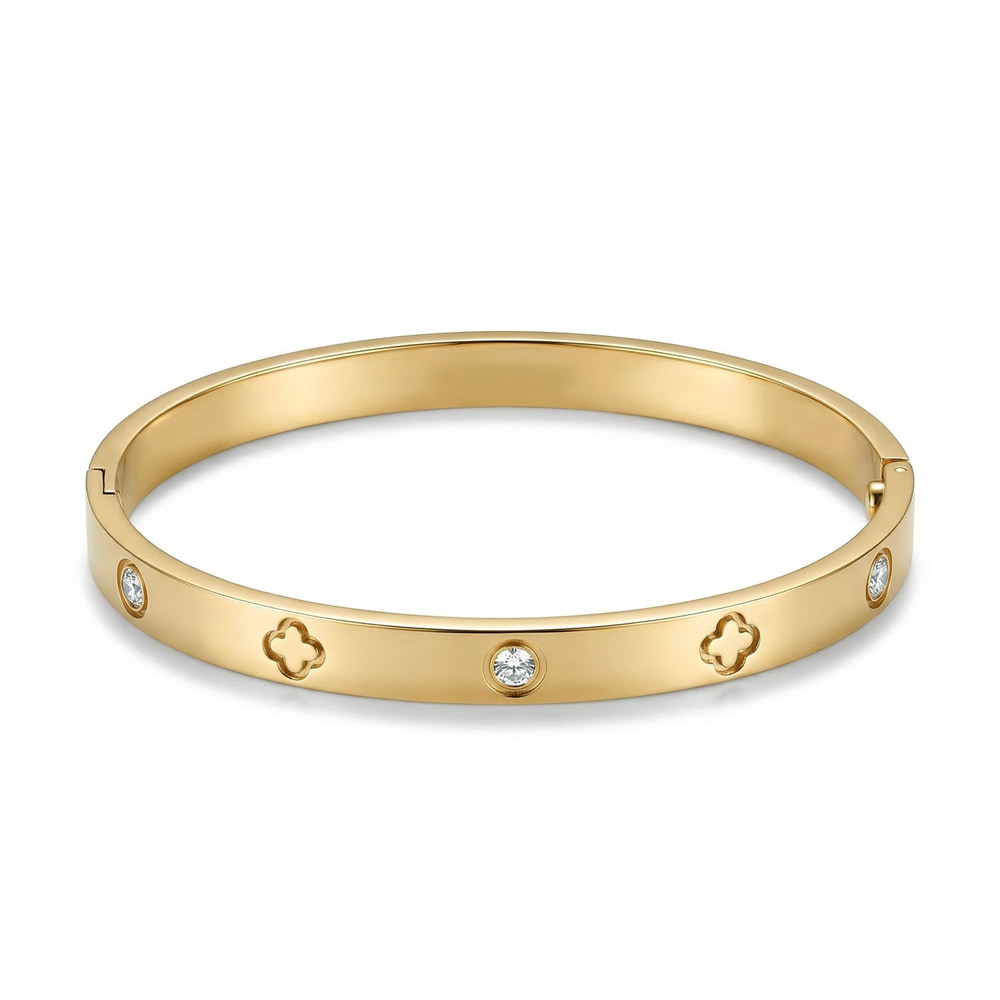 צמיד בנגל קשיח עם חריטת תלתן וזירקונים צמיד בנגל קשיח עם חריטת תלתן וזירקונים