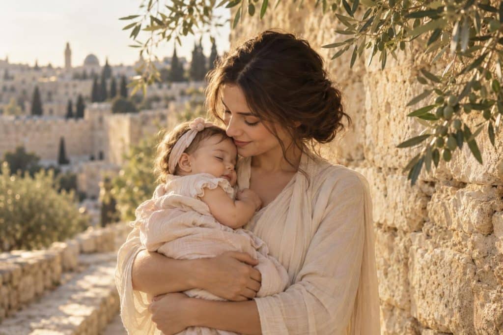 שמות לבנות מהתנ״ך - אמא מחבקת את התינוקת ליד חומות ירושלים