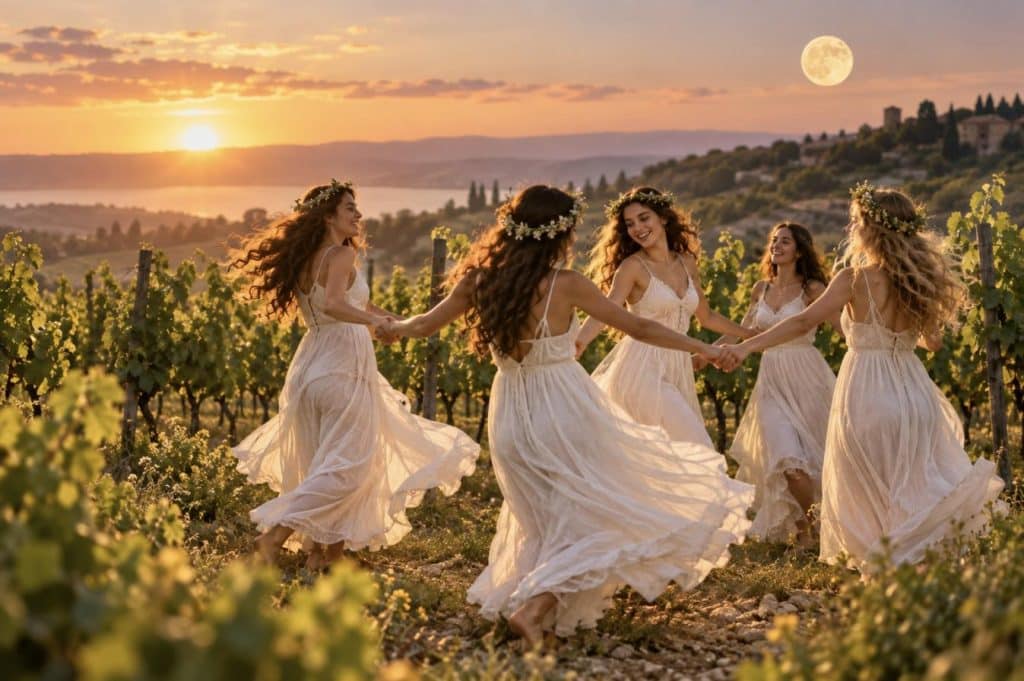ט״ו באב חג האהבה - בנות בשמלות לבנות רוקדות בכרם בשקיעה