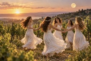 ט״ו באב חג האהבה - בנות בשמלות לבנות רוקדות בכרם בשקיעה